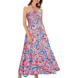 NWT Halter Neck Sleeveless Smocked Backless Cut Out Maxi Dress XL Grace Karin